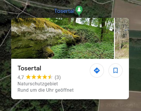 Grüne Markierungen auf Google Maps weisen auf Naturgebiete, Wanderwege oder sonstige interessante Stellen in der Natur hin.